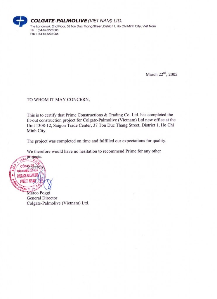 Colgate Palmolive HCMC Letter